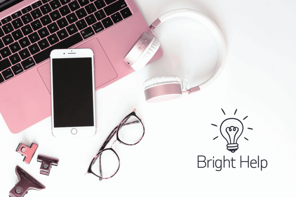 Brighthelp logo in the bottom right corner on a white background with a laptop and mobile phone flatlay.